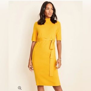 Anne Taylor Yellow Mock Neck Belted Sweater Dress